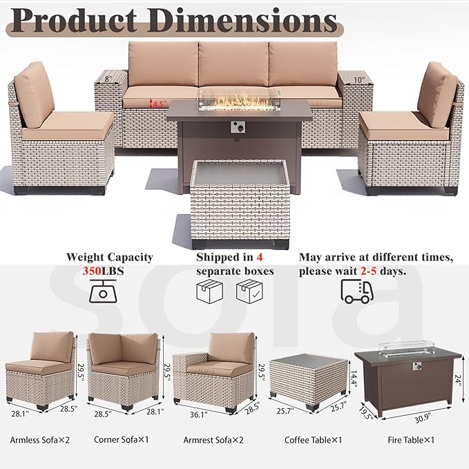 7 Pieces Patio Furniture Set with Propane Fire Pit Table, Outdoor Sectional Wicker Sofa with Cushions and Coffee Table, High Back Rattan Patio Conversation Sets, Khaki