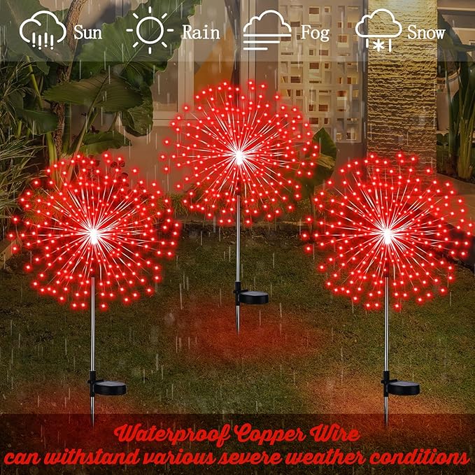 4 Pack Halloween Solar Lights Outdoor Christmas Solar Firework Lights with 180 LEDs 8 Modes LED Firework Decoration Waterproof Landscape Pathway Stake Sparkler Decor for Garden Driveway (Red)