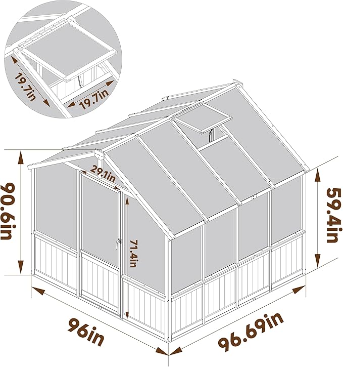 VEIKOU 8’x8’ Greenhouses for Outdoors, Walk-in Wood Greenhouse with Cedar Frame & Adjustable Vents, Garden Green House with 6MM Thick Polycarbonate Panel for Outside, Backyard, Light Brown Mocha