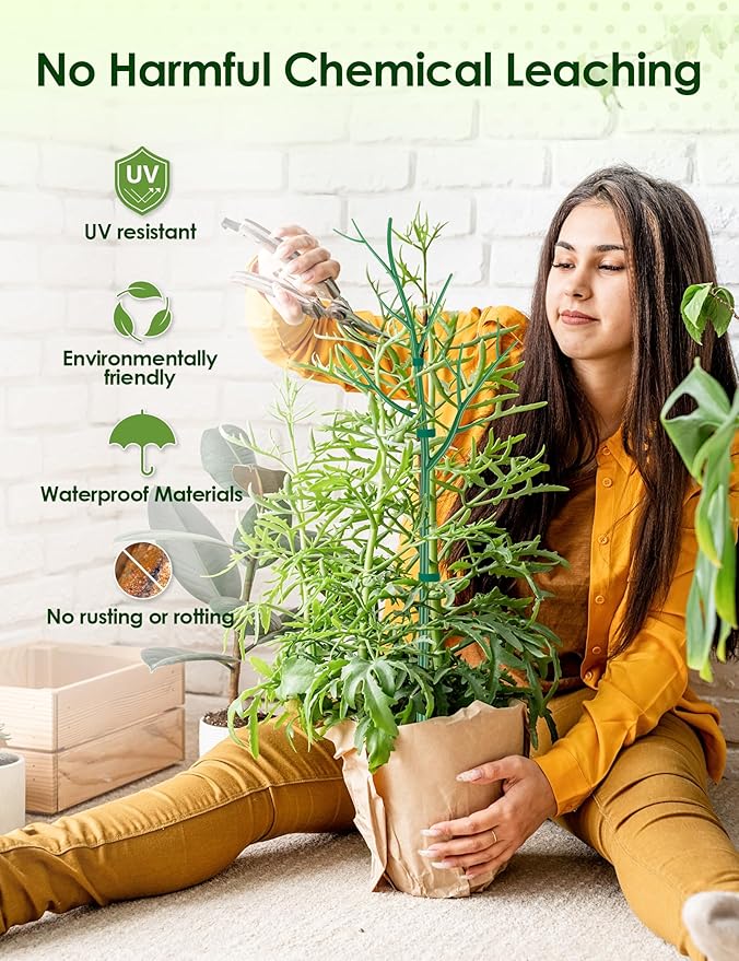 NiHome 28" Plant Support Stakes Set of 6 for Indoor & Outdoor Garden, Durable UV-Resistant Stakes with 12 Orchid Clips, 12 Circular Clips & 6 Ft Plant Tie for Climbing Plants, Vines & Shrubs (Green)