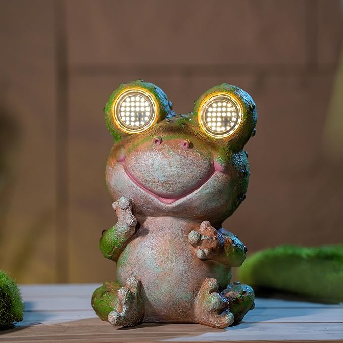 Solar Frog Garden Statue with Rotating Blinking Led Eyes Waterproof Resin Outdoor Decor Auto Dusk-to-Dawn Sensor for Patio Yard Garden Unique Birthday Housewarming Gifts for Women Mom Grandma