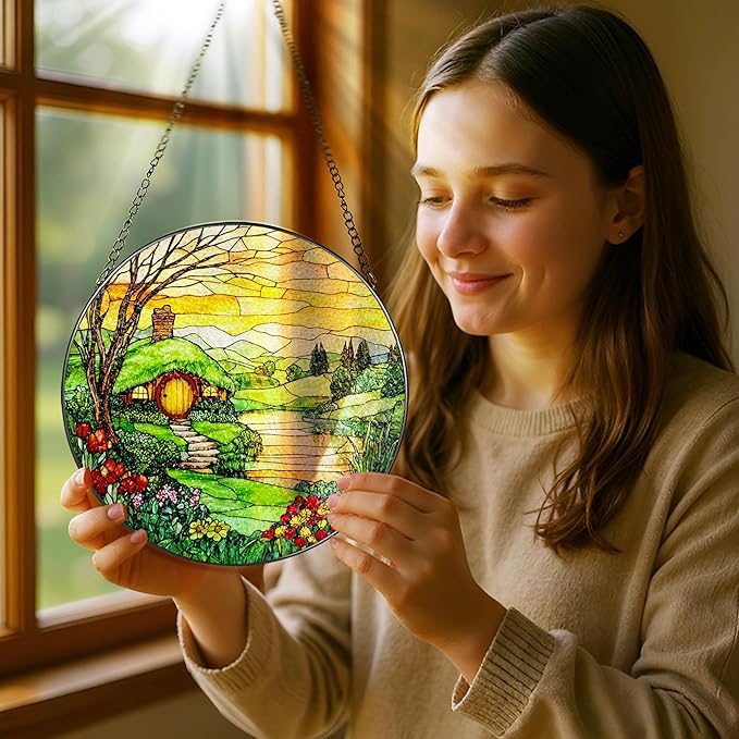 Stained Glass Window Hanging, Pauyadu 8 Inch The Shire Stained Glass Suncatcher, Window Decorations for Home, Mother's Day, Christmas, Birthday Gifts for Women, Mom, and Grandma, Nature Lovers