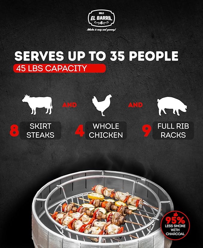 EL BARRIL 45lbs Grill & Smoker Barrel, Stainless Steel Charcoal Smoker Grill – Portable Outdoor Smokers with Even Heat Distribution & Grilling Accessories