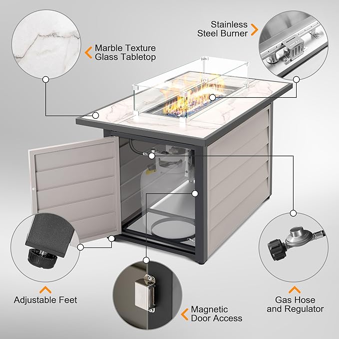Nuu Garden 43'' Patio Propane Fire Pit Table, 50,000 BTU Gas Fire Pit with Marble-Textured Glass Top, Wind Guard, Lid, Glass Beads, CSA-Certified, 2-in-1 Outdoor Table for Gatherings, Ivory White