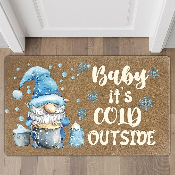 Winter Christmas Gnome Faux Coir Door Mats Outdoor, Blue Gnome Snowflake Christmas Door Mat for Home Outside Entryway, Winter Welcome Doormat for Indoor Outdoor Porch Entrance, 17x30 Inch