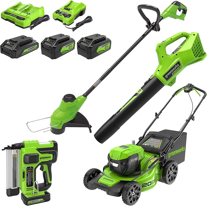 Greenworks 48V (2x24V) Cordless Yard Tool Combo - 21" Self - Propelled Lawn Mower, 12" Trimmer, Blower + 24V 3/8" Crown Stapler