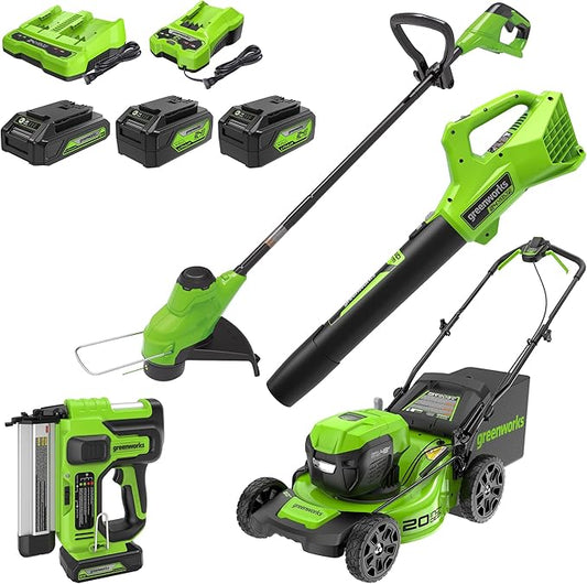 Greenworks 48V (2x24V) Cordless Yard Tool Combo - 21" Self - Propelled Lawn Mower, 12" Trimmer, Blower + 24V 3/8" Crown Stapler