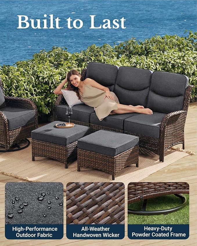 HILLGA Luxury Patio Furniture Set with 6-Inch Thick Cushions, High Back Outdoor Swivel Rocker Chairs and Patio Couch, 10-Piece All Weather Conversation Set for Porch Deck Pool Yard, Dark Grey (V3)