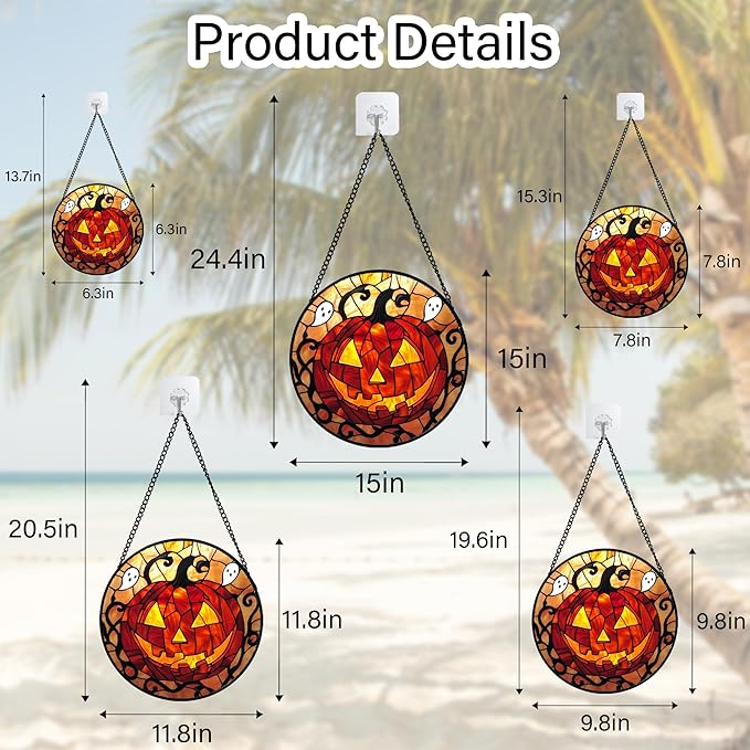Stained Glass Window Hanging - Halloween Decorations Evil Pumpkin Orange Suncatcher for Doors Garden Indoor Funny Spooky Sun Catchers Gothic Decor Horror Gifts for Women Men Friend 7.8 in
