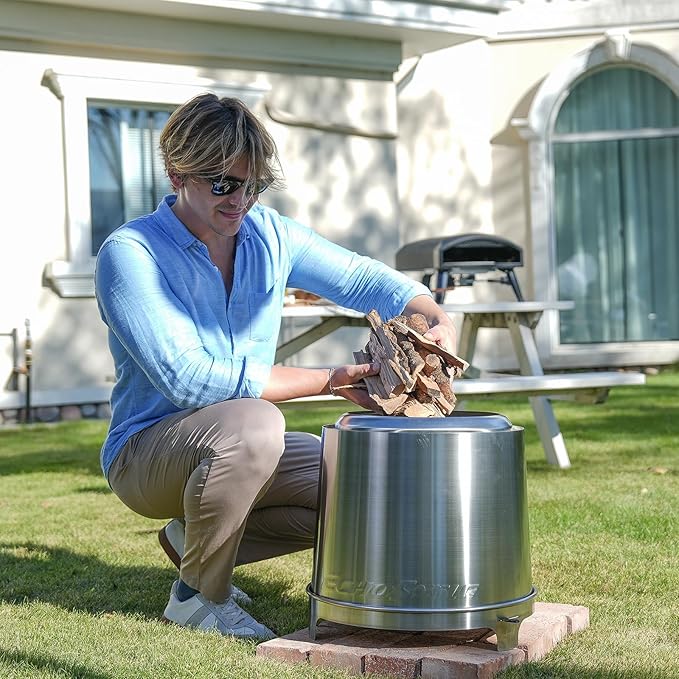 EchoSmile 18" Smokeless Fire Pit with Triple-Burn & Adjustable Damper, Outside Stainless Steel Wood Burning Stove for Outdoor Patio, Backyard, Camping