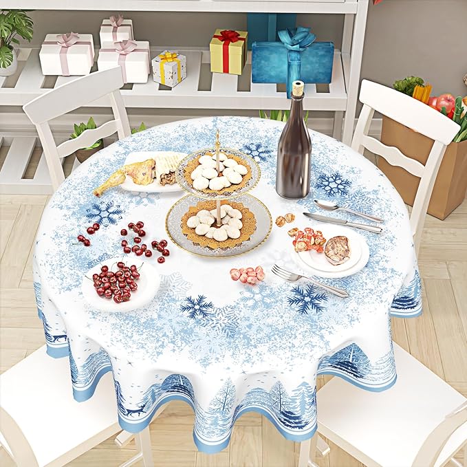Giwawa Christmas Farmhouse Round Tablecloth 60 inch,Winter Woodland Deer Pine Tree Snowflake Holiday Tablecloths Washable Stainproof Table Cover for Home Restaurant Dining Room Decor