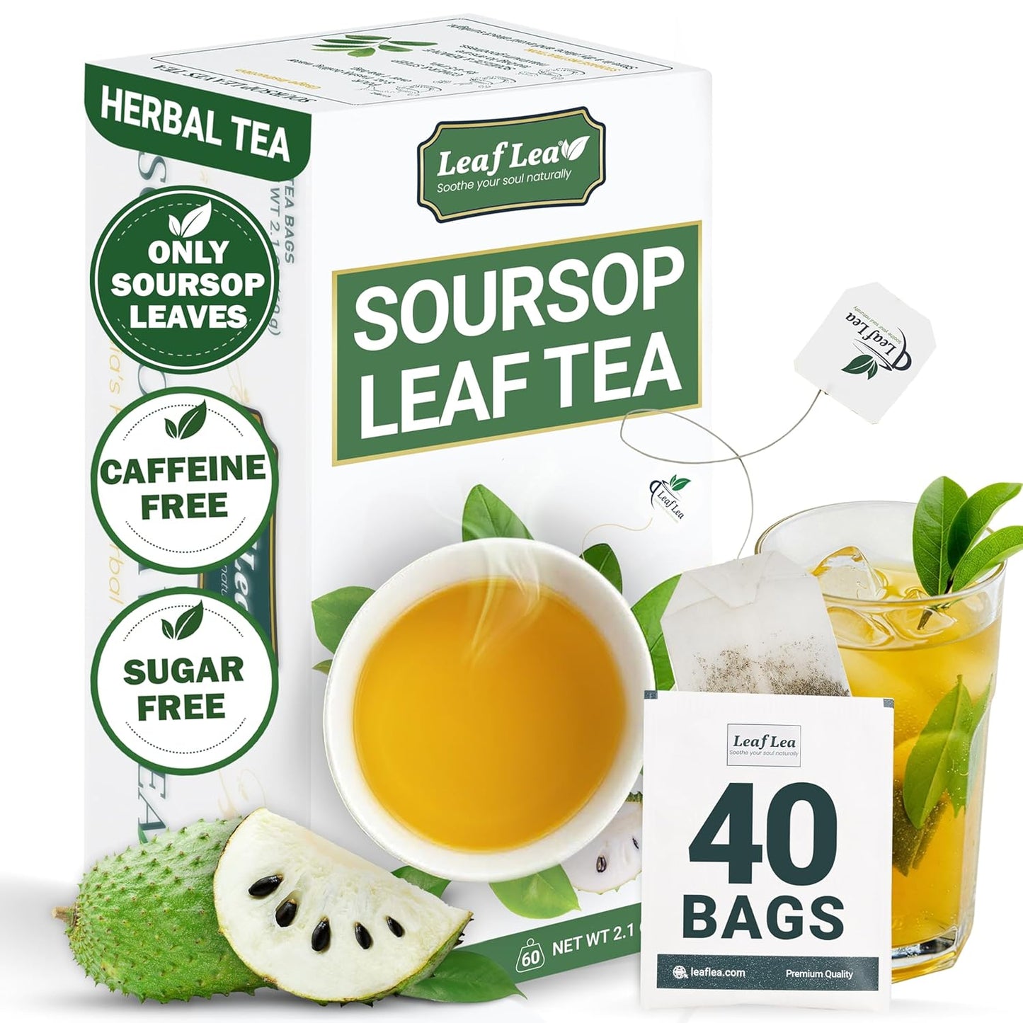 LeafLea 40 Premium Soursop Leaf Tea Bags, Pure & Natural Sour Sop Leaves, Graviola Leaves Tea, Hoja Guanabana Tea, Natural Digestion Support Herbal Tea Bags, Nutrient-Rich, No Sugar, No Caffeine