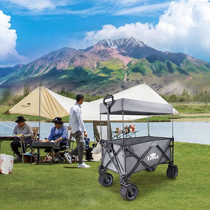 TMZ Collapsible Folding Wagon Cart, Outdoor Utility Garden Cart, Heavy Duty Camping Wagon with Big Wheels, Foldable Wagon for Sports, Shopping, Fishing and Beach-Grey