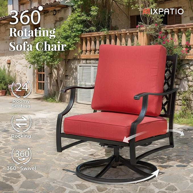 Patio Furniture Set, 6 Pcs Metal Outdoor Conversation Set, 2 Swivel Chairs, 2 Ottomans and 3 Seater Sofa with 5.75" Extra Thick Cushion and Gas Fire Pit Table, Red