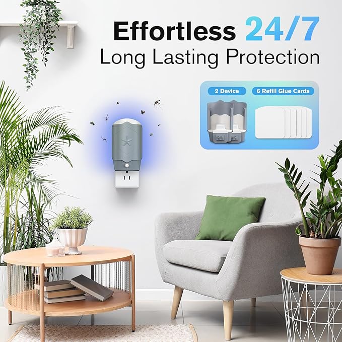 2 Flying Insect Traps & 2 Refill Glue, Fly Trap Indoor, Fruit Fly Trap for Indoors, Bug Catcher for Gnats, Mosquitoes, Moths, House Flies, UV & Blue Light, Safe for Any Room, Mess-Free Use