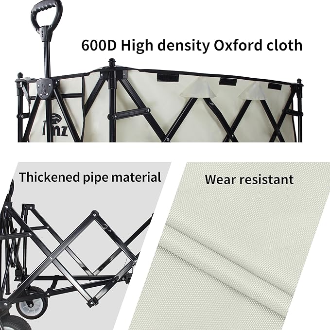 TMZ Collapsible Wagon 445L Heavy Duty Foldable Cart with All-Terrain Wheels, Canopy & Brakes - Extra Large Utility Wagon for Beach, Outdoor, Garden, Camping Portable Foldable Design (White)