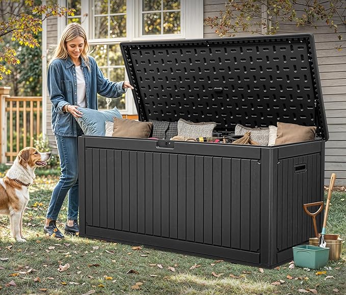 YITAHOME 260 Gallon Double-Wall Deck Box with Divider & Side Handles, Outdoor Large Storage for Patio Furniture Cushions, Garden Pool Accessories, Water Resistant & Lockable