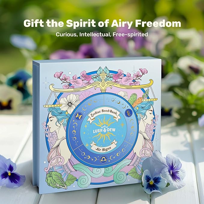 Lush&Dew Gardening Gift for Women Men, Zodiac Garden Seed Bank, 12 Types Non-GMO Vegetables Flower Seeds in Seed Organizer, Magnetic Gift Box, Witchcraft Supplies with Moon Calendar (Air Signs)