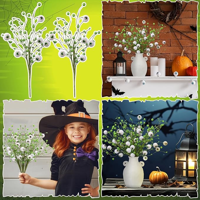 8 Pack Halloween Eyeball Picks Artificial Berry Stems Hlalloween Flowers with Fluorescent Eyeball Branches for Vase Filler, Table Centerpieces & Party Decor
