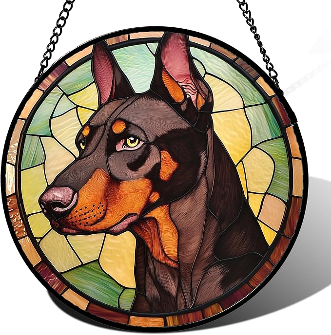 Stained Glass Window Hanging - Funny Dark Brown Doberman Pinscher Suncatcher for Door Terrace Garden Home Decor, Pet Dog Sun Catcher Birthday Gifts for Lovers Women Men Dad Mom Nana 11.8 in