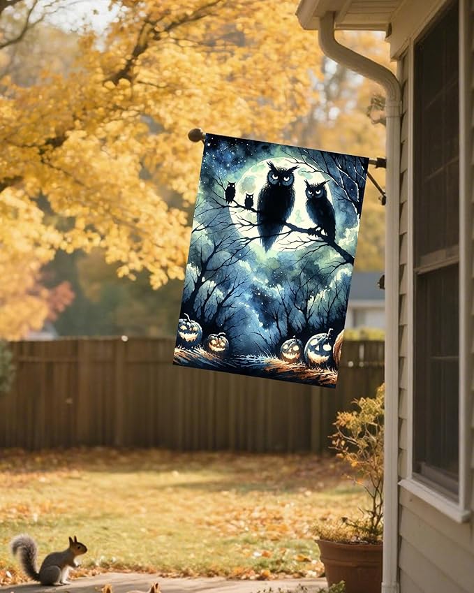 Watercolor Halloween Owl Birds Jack O Lantern Pumpkins Full Moon House Flag 28" x 40" Double Sided Polyester Welcome Large Yard Garden Flag Banners for Patio Lawn Home Outdoor Decor