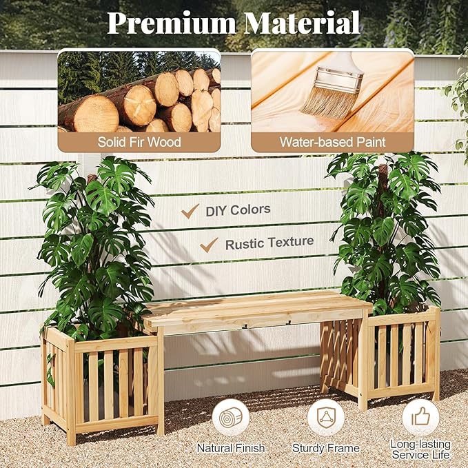 Giantex 2-in-1 Outdoor Bench with 2 Raised Garden Beds, Planter Boxes with Open-Ended Base, Garden Bench Seat for Porch Balcony Lawn Yard, DIY Assembly, Natural