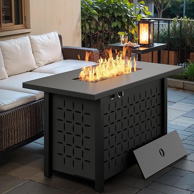 Vongrasig 43 inch Gas Fire Pit Table, 50,000 BTU Outdoor Rectangular Propane Firepit Table with Lid, Glass Wind Guard, Lava Rock, 2 in 1 Firepit Table for Outside, Patio, Deck, Garden, Backyard