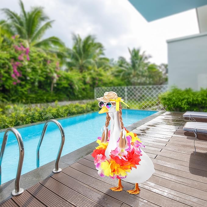 DECOHS 4 Pcs/Set Hawaiian Porch Goose Outfits, Summer Lawn Goose Statue Clothes Costume, 23"/ 17" Patio Goose Decor Hawaiian Wreath Straw Hat with Glasses Wig for Luau Party Outdoor Garden Yard Decor