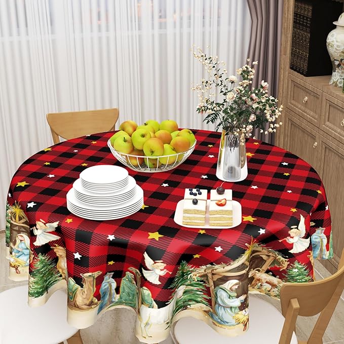 Giwawa Xmas Round Tablecloth 60 Inch, Farmhouse Vintage Red Buffalo Plaid Reusable Washable Polyester Table Cover for Party Picnic Dinner Indoor Outdoor Winter Holiday Decor