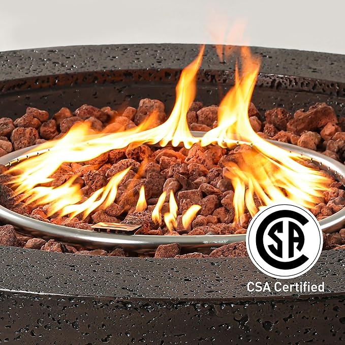 SUNBURY 42in Round Propane Outdoor Fire Pit, Gas Patio Fire Table 50,000 BTU Concrete Travertine Design, CSA Certified, Circular Base Firepit with Lava Rocks, Waterproof Cover (Brown)