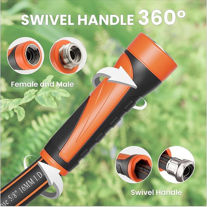 Giraffe Tools Garden Hose 100ft x 5/8", Water Hose Heavy Duty, Flexible, Lightweight Hybrid Hose with Swivel Handle, Male to Female Fittings, Burst 600 PSI