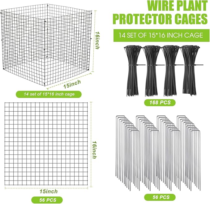 Zubebe 14 Pack Small Wire Plant Protectors Square Plant Protectors from Animals Mesh Cage Chicken Wire Cloche for Shrubs and Vegetables with Ground Stakes and Nylon Ties (15 x 16 Inch)