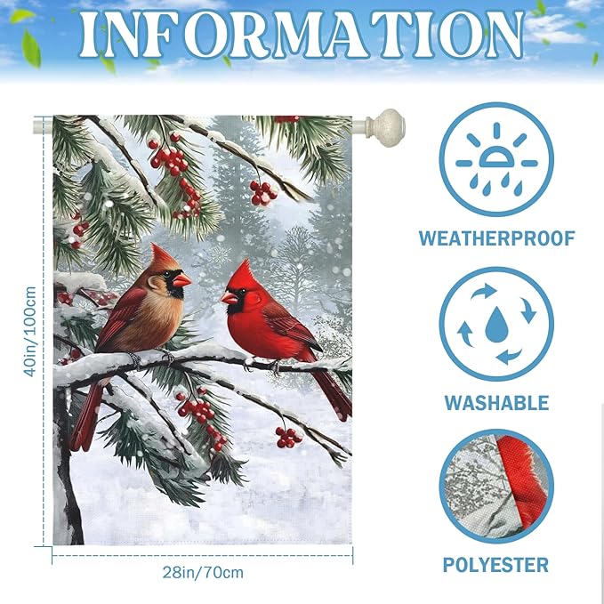 Winter Cardinal Bird Garden Flag Red Bird Pine Twigs Yard Flag Double Sided Polyester Holly Berry Snow Seasonal House Banner for Outdoor Farmhouse Christma Holiday Decor 28 x 40 Inch
