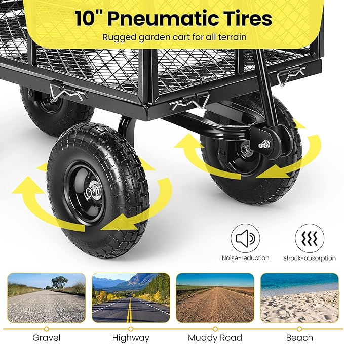 Garden Cart, Heavy Duty 880 Lbs Capacity Mesh Steel Garden Cart with Removable Sides to Convert into Flatbed, Utility Metal Wagon with 180° Rotating Handle and 10 in Tires, Black