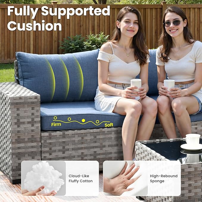 ovios 7 Pieces Patio Furniture Set, Outdoor Wicker Sectional Sofa with 30 Inch Fire Pit Table Comfy Cushions, Modern Modular Deep Seat Rattan Couch Conversation Set, Denim Blue