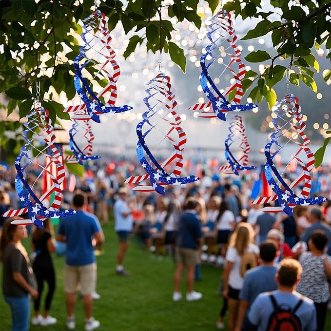 Hausse 6 Pack Patriotic Bird Repellent Spiral Reflectors Mylar Spinner, Hanging American Flags Reflective Bird Deterrent Device for 4th of July Independence Day, Scare Birds Animals Away