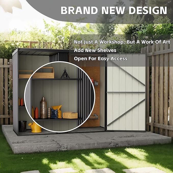 6×3 FT Metal Outdoor Storage Shed with Shelves, Lockable Waterproof Garden Tool Shed, Robust Backyard Patio Shed with Sloped Roof for Lawn Mower, Dark Gray (No Floor)