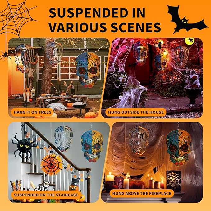 12 inch Halloween Decoration Skull Wind Spinner - 3D Metal Garden Spinner, Mandala Kinetic Art Outdoor Decor -Handcrafted Hanging Ornament for Outdoor,Patio, Yard，Garden