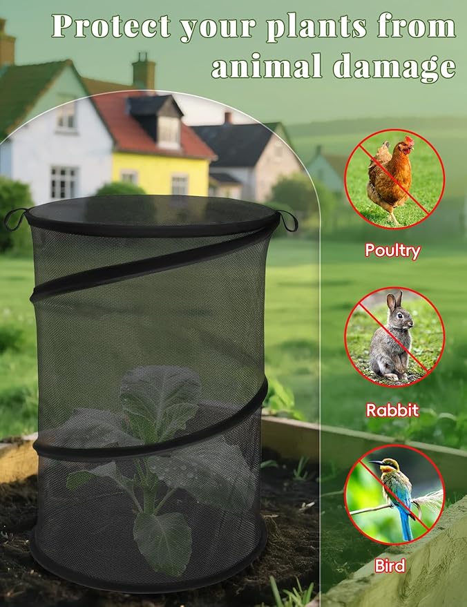 4 Pack Pop Up Plant Covers from Animals, 20" H X 13" D Insect Garden Covers, Round Foldable Mesh Plant Cover, Plant Protectors for Outdoor Plants, with Stakes and Labels (Black)