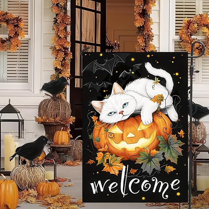Welcome Halloween Garden Flags 12x18 Double Sided Halloween Cat Pumpkin Garden Flag Yard Outside Decor Holiday Outdoor Flag Decorations Home Banner
