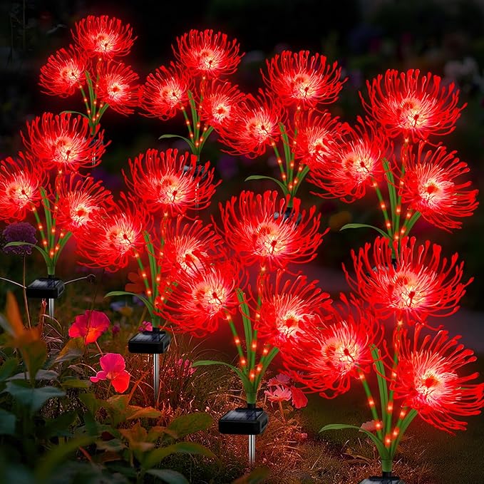 Solar Christmas Outdoor Lights Red Spider Lily – 8 Pack 24-Head Waterproof Garden Flower with Glowing Stems,Decorative Solar Powered Yard,Patio & Lawn Decor,Holiday & Gardening Gifts for Women Grandma