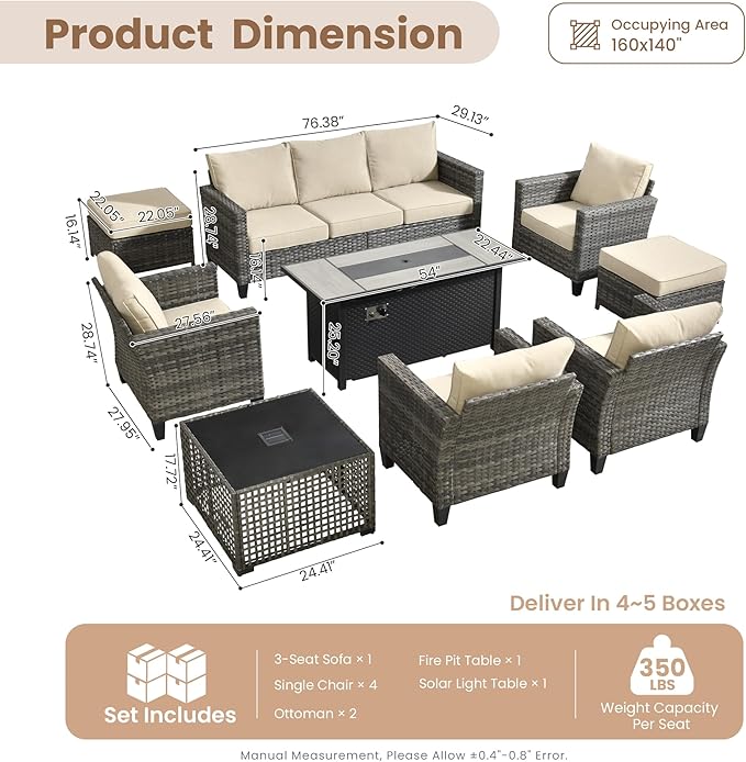HOOOWOOO Outdoor Patio Furniture Set,9 Pieces Wicker Conversation Set,All Weather Couch Set with Fire Pit Solar Light Table Chairs Ottoman 9 Seaters for Out Door Yard(Beige)