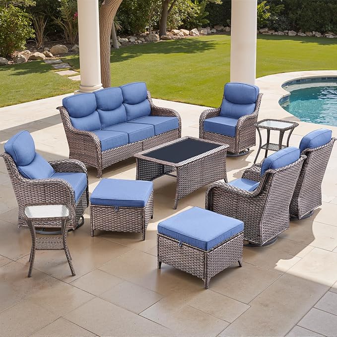 Luxury High Back Outdoor Furniture with 6-inch Extra Thick Cushions, Patio Furniture Set with Swivel Chairs, 10 PCS Wicker Conversation Set for Yard, Deck, Poolside, Brown/Blue