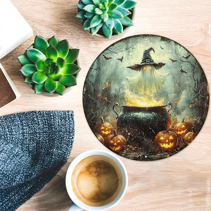 PEACHGARDEN Round Halloween Spooky Ghost With Witch Hat Wreath Vintage Sign Halloween Pumpkin Metal Tin Sign for Home Bar Kitchen Hotel Dining Room Coffee 12x12inch