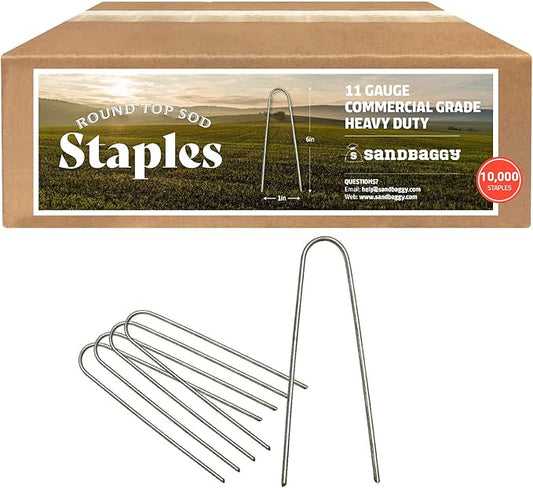 Sandbaggy Round Top 6-Inch Landscape Staples ~ SOD Garden Stakes Square Pin for Ground Cover Fabric & Drip Irrigation Tubing (10,000 Staples)