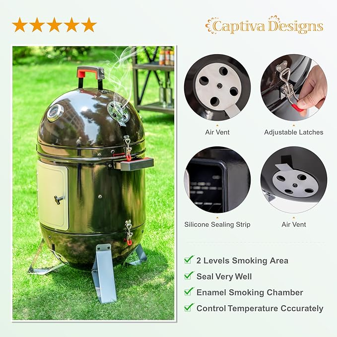 Captiva Designs 18-inch Vertical Charcoal Smoker Grill with Porcelain-Enameled Smoking Chamber, Wood Mountain Smoker for Meat Turkey and BBQ, with Built-in Thermometer
