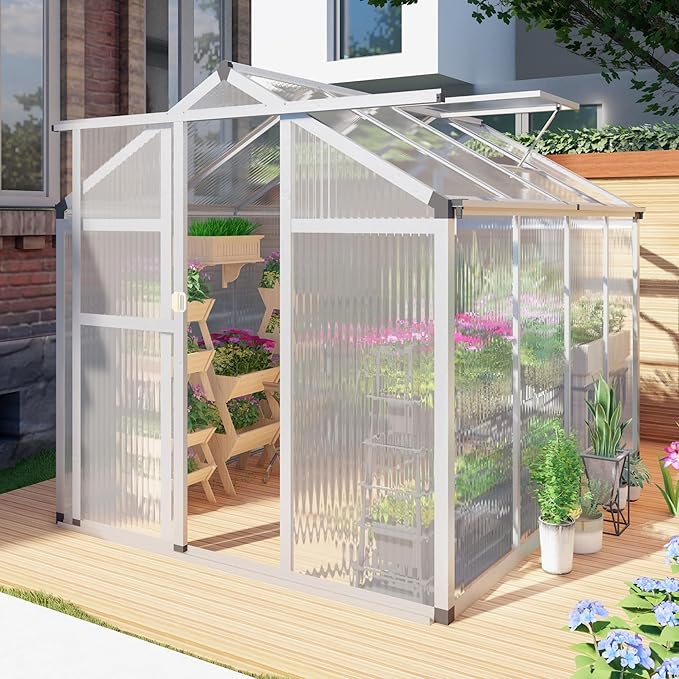 Aluminum Greenhouse for Outdoors, 6 x 8 FT Polycarbonate Walk-in Greenhouse with Quick Setup Structure and Adjustable Roof Vent, Silver