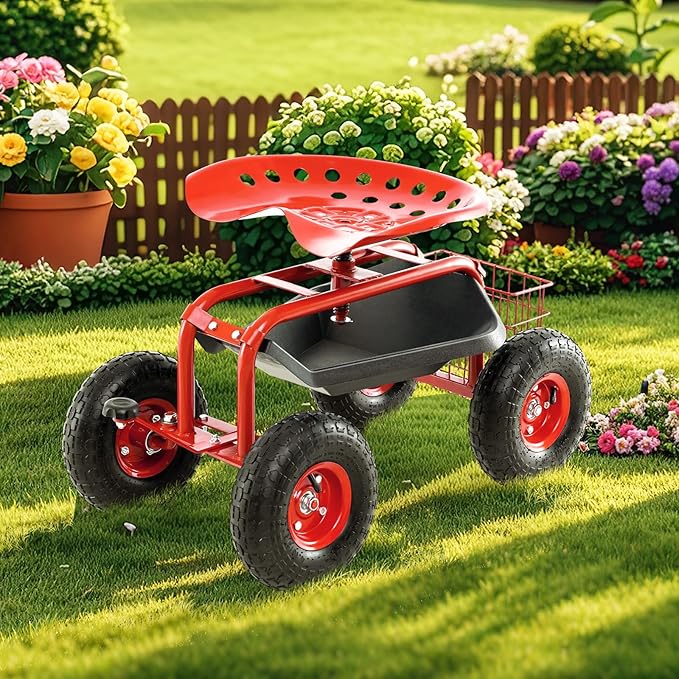 S AFSTAR Rolling Garden Cart, Wagon Scooter with 360° Swivel Seat, Storage Tray, Basket & Rubber Wheels, Heavy-Duty Gardening Tool Cart for Weeding, Patio & Yard (Red)