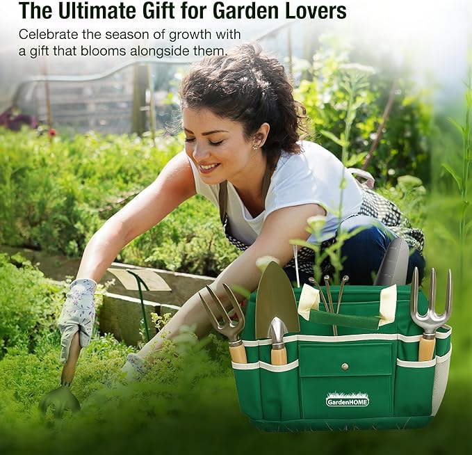 GardenHOME 7-Piece Gardening Tool Set – Stainless Steel Hand Tools with Wooden Handles, Folding Stool, and Canvas Tote Bag, Yard Maintenance Kit for Gardeners, Women, and Beginners