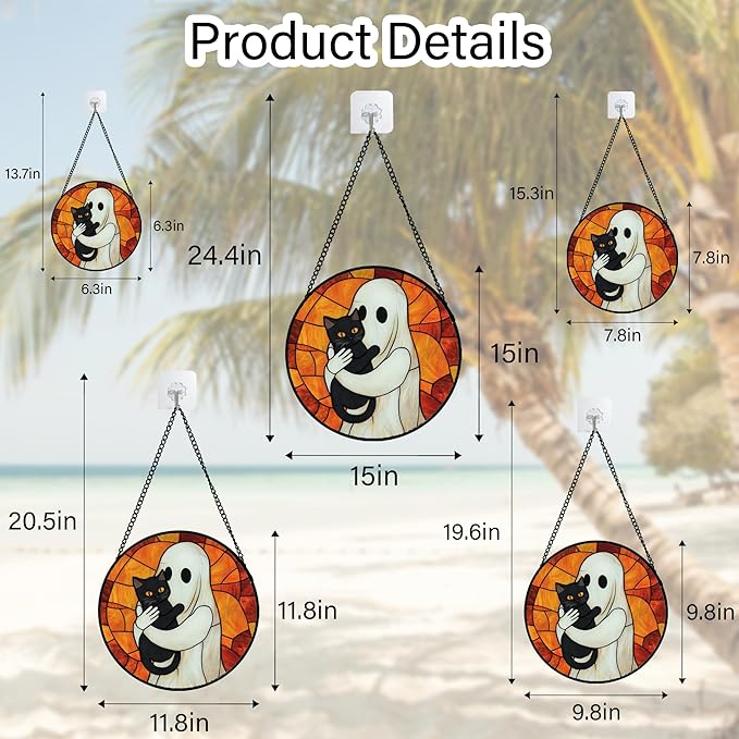 Stained Glass Window Hanging - Halloween Decorations White Ghost Black Cat Suncatcher for Doors Garden Spooky Funny Orange Sun Catchers Gothic Decor Horror Gifts for Women Men Friend 15 in
